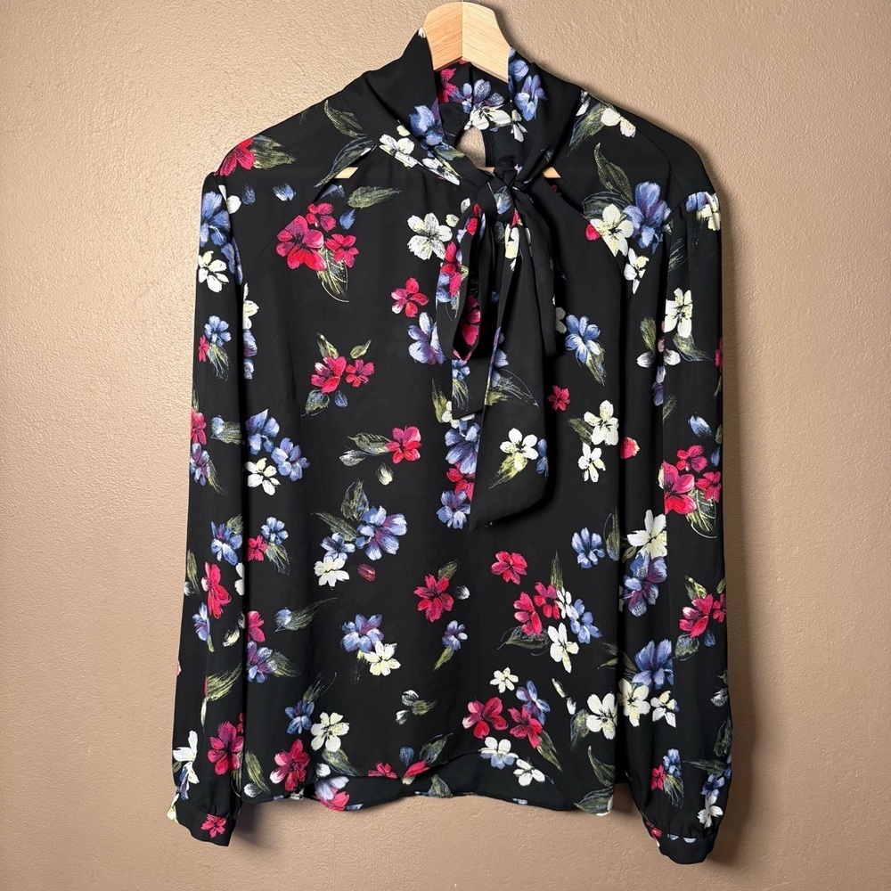 The Limited Women's XL Vibrant Floral Long Sleeve Semi-Sheer Blouse, Tie Accent